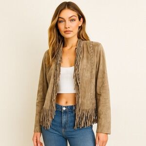 BAY Suede Fringe Jacket Sz 14 Tan Western Boho Real Leather Boho Festival Hippie